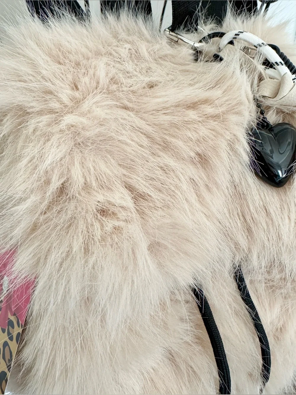 New Women’s Cream Color Soft Faux Fur Mini Backpack Purse w/ Dog Bag Charm